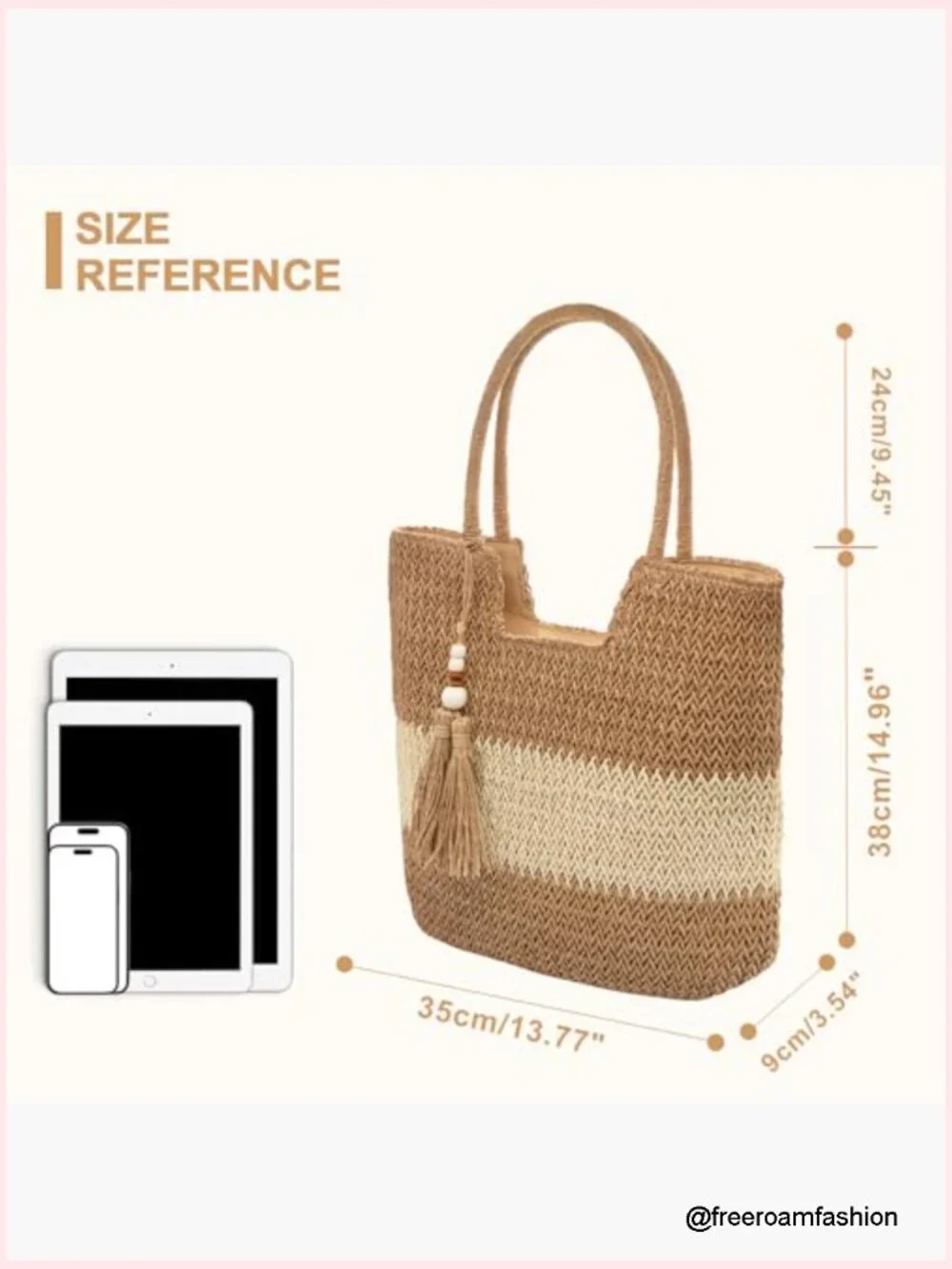 Straw Tote Bag with Zipper Large Capacity Shoulder Handbag for Beach Travel - Picture 4 of 7